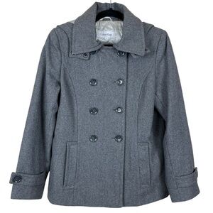 Calvin Klein Double Breasted Grey Wool Blend Pea Coat with Removable Hood Sz. 10